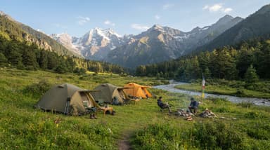 Tents in alpine meadow Gynekha