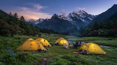 Tents pitched in alpine meadow Gynekha