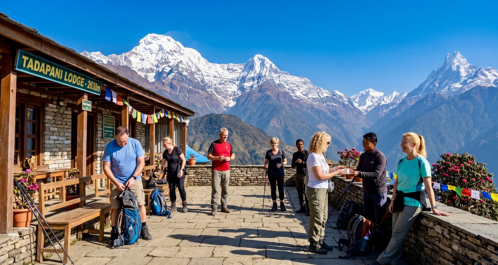 Hikers arriving at mountain lodge 202607041123