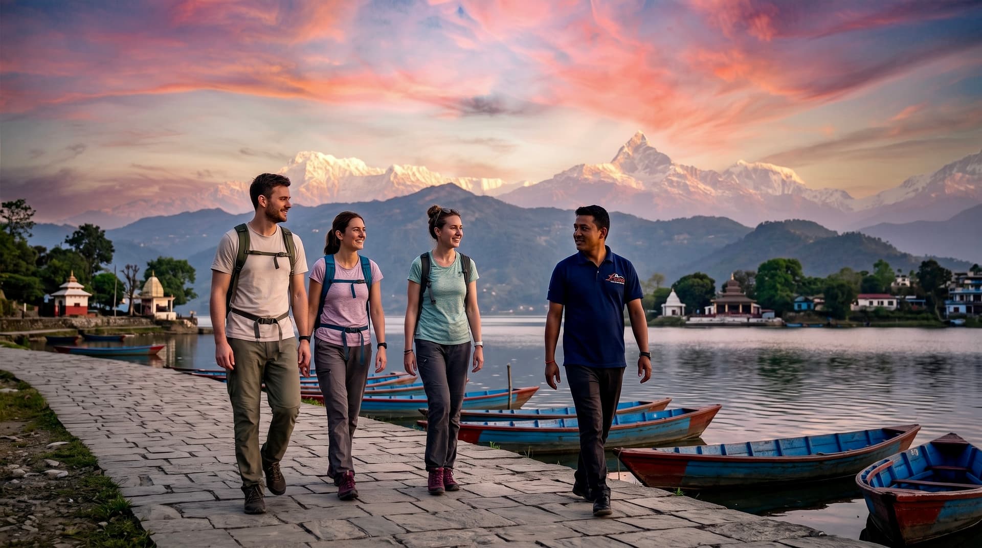 Travelers walking Fewa Lake shores 202607051001