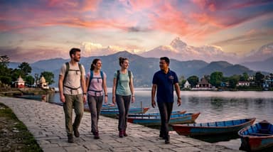 Travelers walking Fewa Lake shores 202607051001