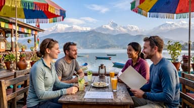Travelers enjoying view Fewa Lake 202607051001