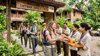 Travelers arriving at jungle lodge 202607050947