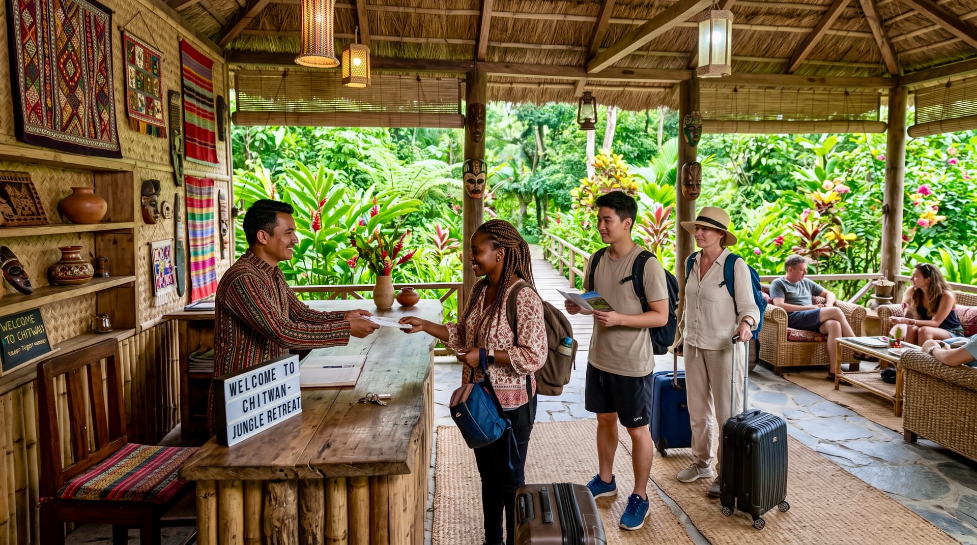 Travelers checking in jungle resort 202607050948