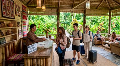 Travelers checking in jungle resort 202607050948