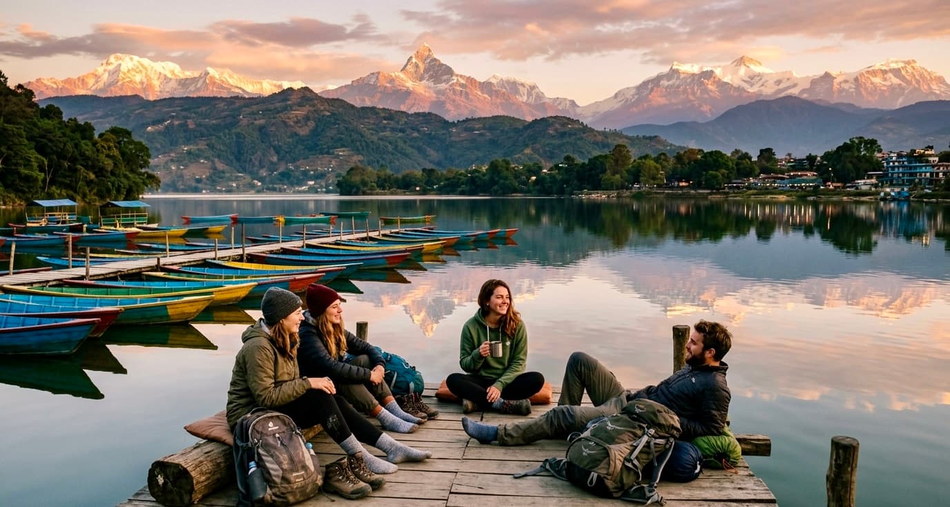 Travelers relaxing by Fewa Lake 202607091134