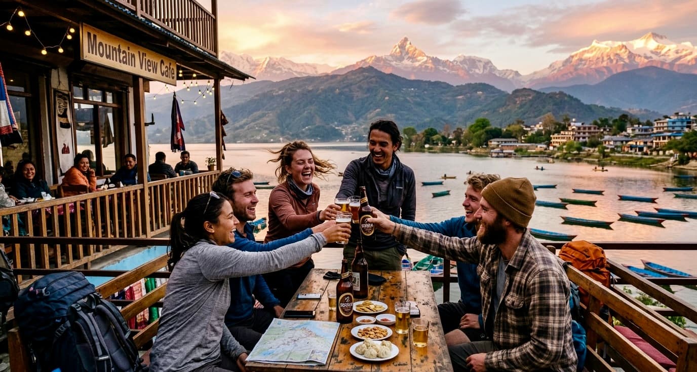 Travelers celebrating at cafe 202607091134